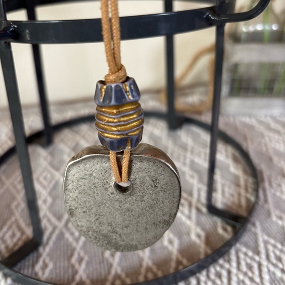 Blue, silver and gold toned hammered design pendant necklace with leather cord. - Picture 4 of 5